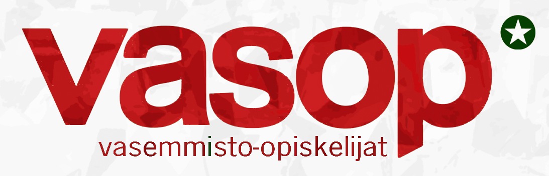 Kuvassa vasopin vanha logo, jossa lukee punaisella vasop - vasemmisto-opiskelijat