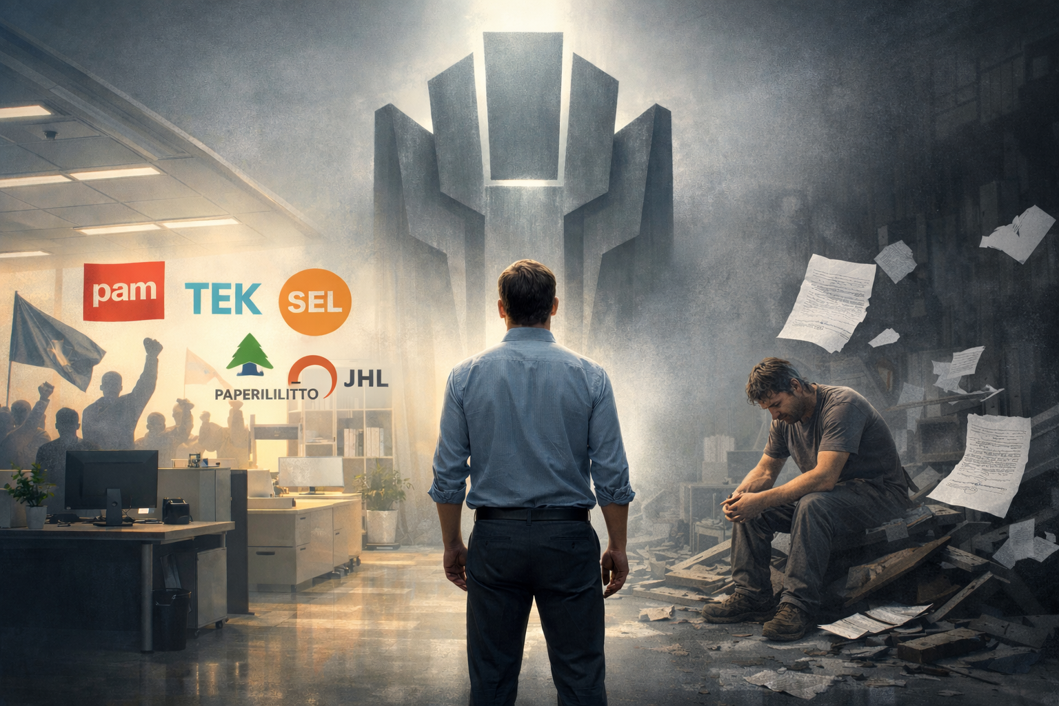 Ihminen valinnan edessä oikealla kurjistettu duunari. oikealla joukkovoimaa ja ammattijärjrestöjä.