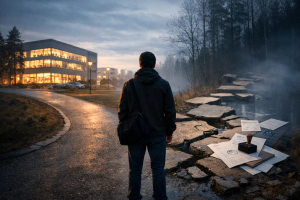 Etualalla yksittäinen ihminen seisoo risteyksessä: toisella puolella näkyy työpaikkaa symboloiva valoisa rakennus, toisella puolella viranomaismaailma – lomakkeita, leimoja ja katkonaista polkua.