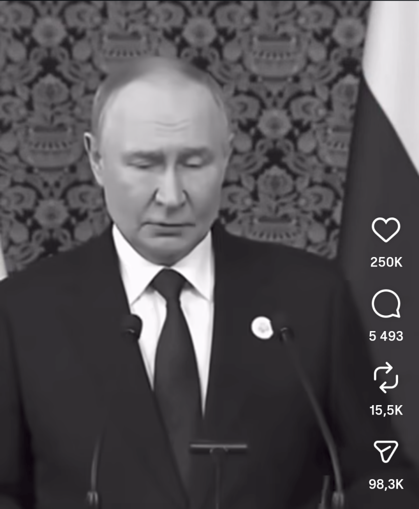 Kuvakaappaus tekoälyn luomasta videoväärennöksestä, jossa Putin pitää puhetta